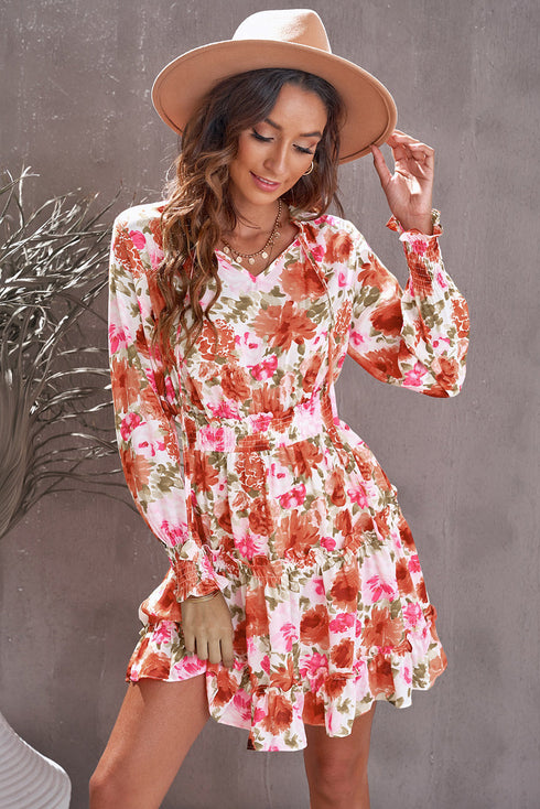 V Neck Long Sleeve Tie Waist Mini Dress
